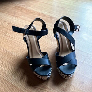 Bamboo Choice Women’s Fabric Lace Wedge Platform Sandals, Black Size 41